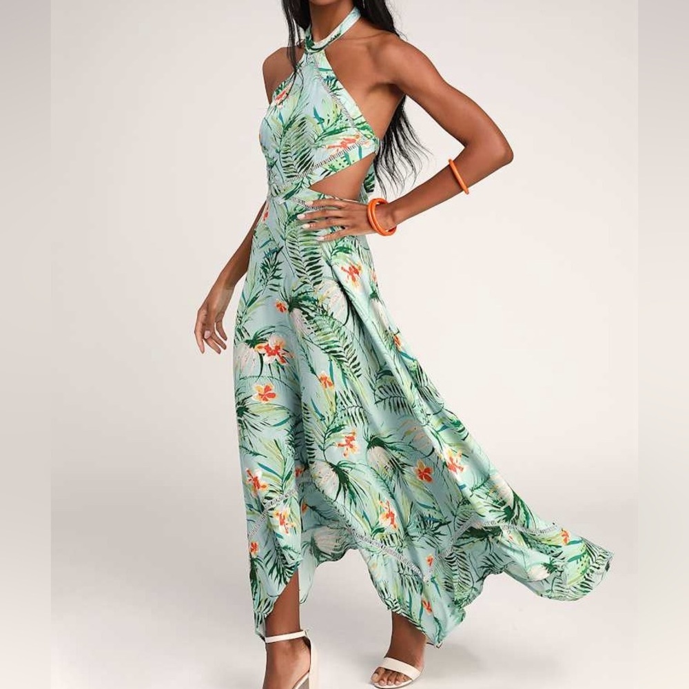 NEW!! Lulus St Tropez Mint Blue Leaf‎ Print Halter Dress